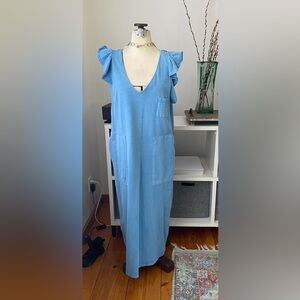 Free People Beach blue ruffle sleeve double v-neck blue long dress sz xs final